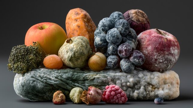 Rotting fruits and vegetables sit on a table, showing decay and mold during a still life arrangement in a studio setting