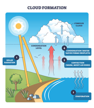Cloud formation outline shows how solar radiation drives evaporation and convection to build a cumulus cloud, key objects, sun, water vapor arrows, cloud. Outline diagram