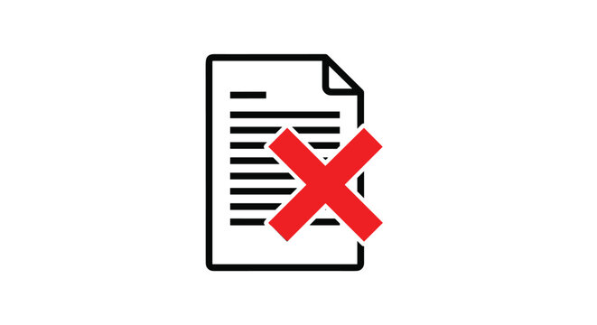 White paper document with lines of text marked with a large red cross or X symbol, indicating rejection or cancelation.