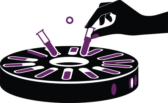 Hand placing test tube into circular lab centrifuge machine