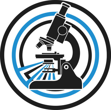 Microscope icon with blue circular rings logo