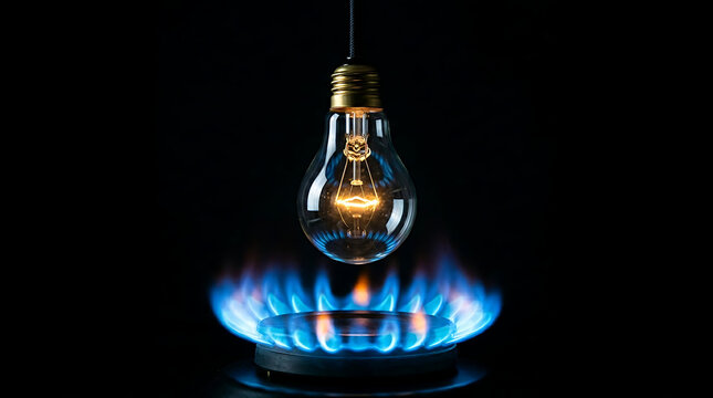 Illuminated light bulb hovering above a vibrant blue gas burner flame in darkness