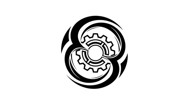 Abstract gear logo with infinity loop swirl design.