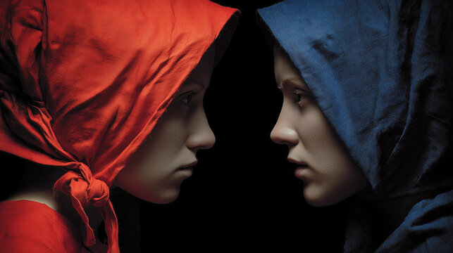 Red vs Blue Confrontation. Opposing Women in Symbolic Head Coverings Facing Each Other