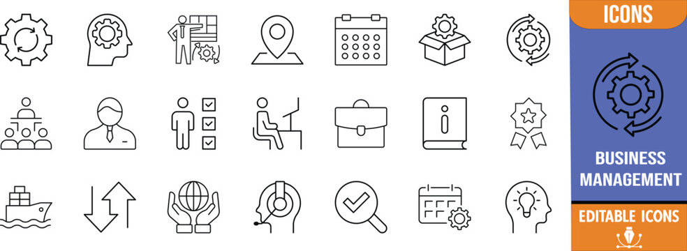 Business management strategy vector icons. target icon set, gears icon set, graph icon set