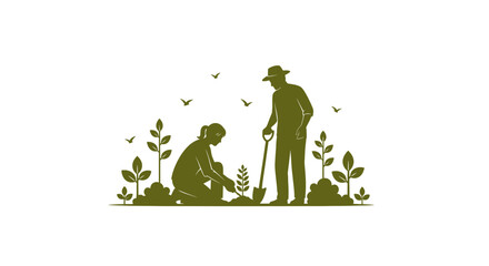 Couple planting saplings in garden with a shovel © alfan