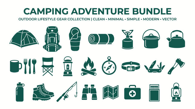Camping gear and outdoor equipment icons.