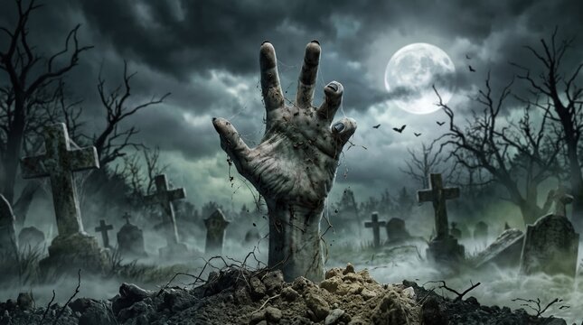 Zombie Hand Rising Out Of A Graveyard In Spooky Night