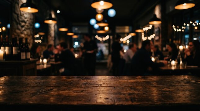 Empty wood table top on blur light gold bokeh of cafe restaurant in dark background