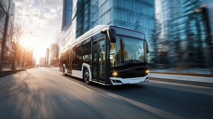 Obraz premium Electric bus urban street modern bus city road clean street motion blur public transport electric vehicle glass building morning light