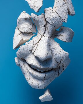 Cracked face sculpture broken face white plaster blue background abstract art fragmentation damaged surface human face smiling expression broken head