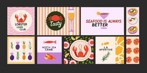 Naklejka premium Seafood themed Vector Illustrations With Marine Life And Typography
