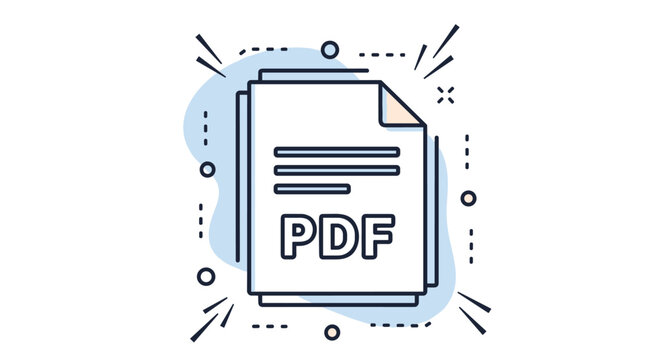 Flat style vector illustration of a PDF document icon with text lines and a creative light blue background splash.