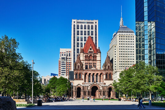 The historic Trinity Church, built in 1877, located in Copley Square, Boston, Massachusetts, New England