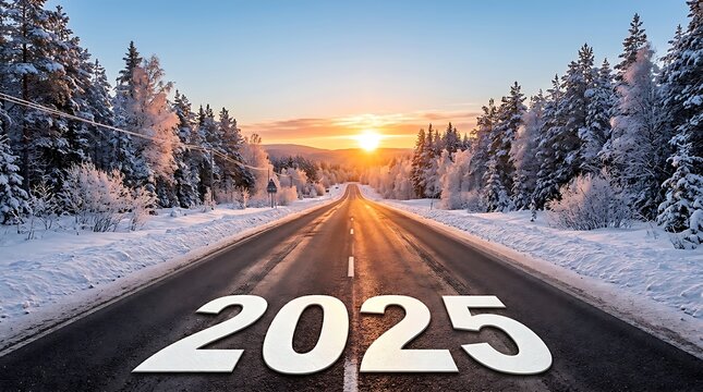 New year 2025 concept with snowy road landscape at sunrise
