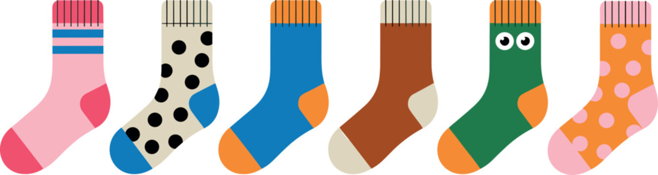 Set of colorful patterned socks with various designs including polka dots, stripes, and cute character faces for fashion