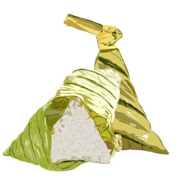 Traditional Malaysian Ketupat Palas, a triangular-shaped glutinous rice cake wrapped in licuala palm leaves, served during Hari Raya Aidilfitri celebration.