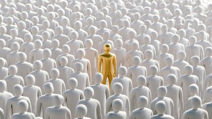 Fototapeta premium Many figures stand in a crowd with one figure in the center looking different from the rest in a simple scene