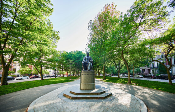 Statue of abolitionist William Lloyd Garrison, built in 1886, located in Boston's Commonwealth Avenue Mall, Boston, Massachusetts, New England