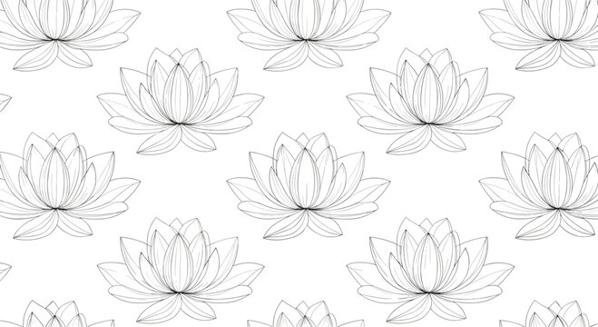 Seamless background pattern of beautiful hand-drawn lotus flowers in a clean black and white outline style design.
