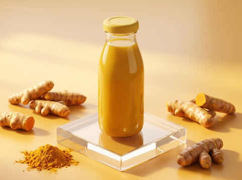 Fresh herbal turmeric juice in a clear bottle with raw roots