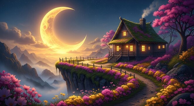 Enchanted cottage nestles on a cliff edge beneath a massive crescent moon overlooking misty mountains.