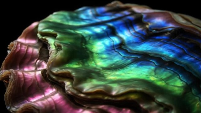 Abalone shell nacre layers with iridescent colors flowing, natural pearl material abstract background seamless loop
