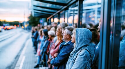 Obraz premium Passengers Waiting at Public Transit Stop During Evening Commute in City
