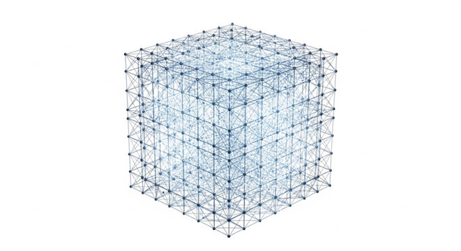 Futuristic blue wireframe cube with geometric network structure and glowing dots on a digital science background
