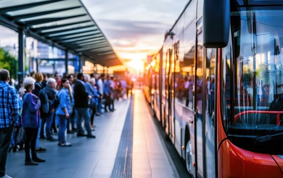 Crowded Bus Rapid Transit Station with Passengers Waiting at Sunset