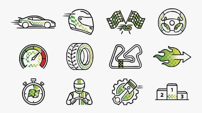 Minimalist Racing and Performance Icons Set for Motorsport and Speed Enthusiasts with high professional line art symbols for modern creative design and digital branding projects