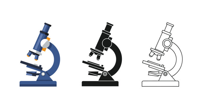 Trio of microscope icons representing a colorful version, a black solid style, and a clean outline design.
