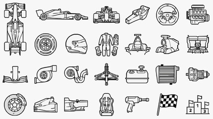 Naklejka premium Dynamic Racing Vehicle Components and Motorsport Iconography Collection with high professional line art symbols for modern creative design and digital branding projects