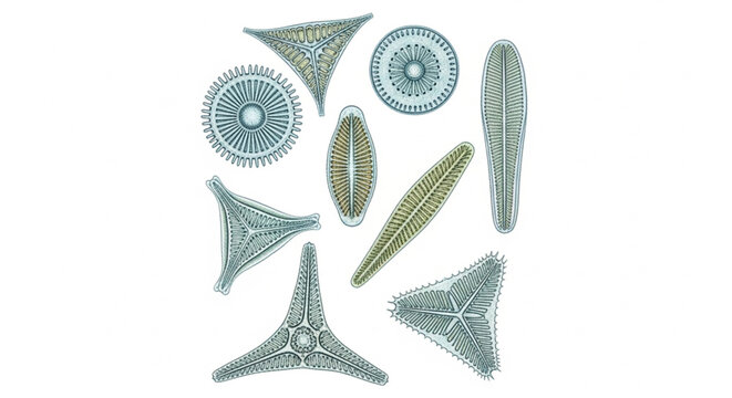 Collection of colorful diatom microalgae with intricate silica cell walls in vibrant shades for scientific and educational use