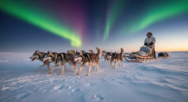 Team of sled dogs pulls a musher across a vast snowy landscape beneath vibrant atmospheric lights