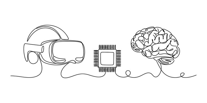 Continuous line art of a virtual reality headset connected by a digital microchip to a human brain representing the future of artificial intelligence tech Vector, illustration