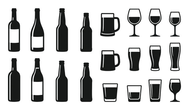 Black silhouettes of bottles glasses beer mug and wine vector set
