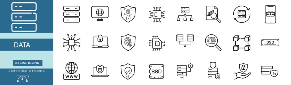 Data storage database network cloud hosting web line icons set server rack global monitor biometric shield microchip & more vector illustration with editable stroke