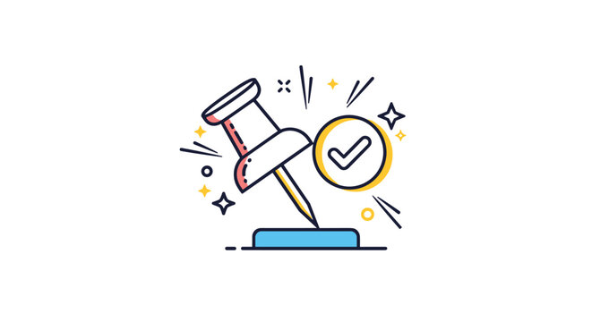 Office pushpin and check mark icon representing task completion, approved status, successful planning, and pinning important notes on a board.