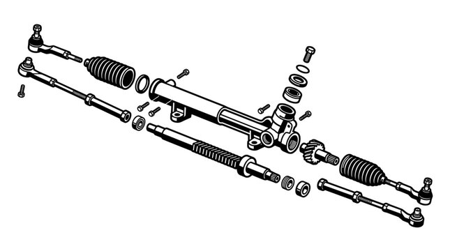 Automotive Steering Rack and Pinion Assembly Exploded View.