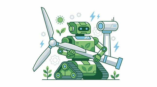 A green robot holding a wind turbine representing sustainable energy and modern technology.