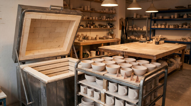 Bisque pottery arranged on kiln cart beside open ceramic studio kiln