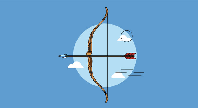 Archery wooden bow with arrow set against a clear blue sky with soft white clouds represents focus, accurate target shooting, and outdoor hobby.