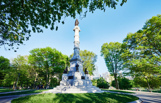 the Soldiers and Sailors Monument, built in 1877, located on Flagstaff Hill within Boston Common, Boston, Massachusetts, New England