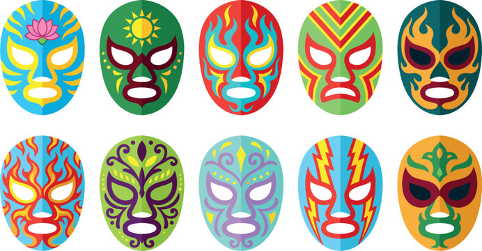 Colorful Mexican Lucha Libre Wrestling Mask Vector Element Set with Traditional Luchador Costumes, Flame Patterns, and Lightning Bolt Graphic Designs