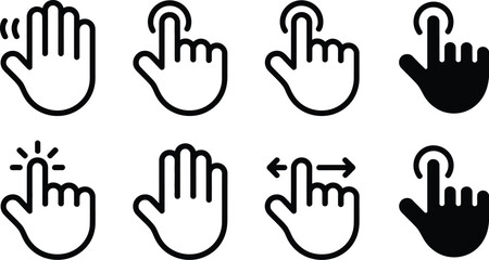 Fototapeta premium Touch screen hand gesture icon set vector illustration featuring tap click swipe and wave movements in line and silhouette styles.