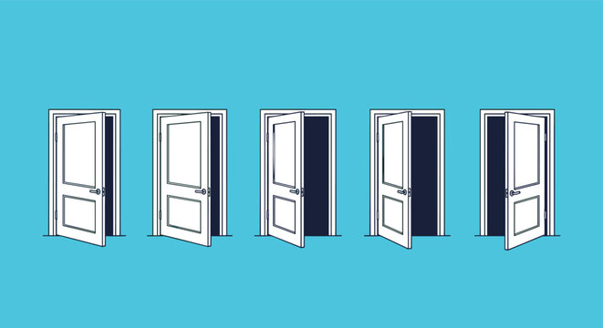 Row of identical slightly open white doors revealing mysterious dark void represents choices, future opportunities, and final decisions.