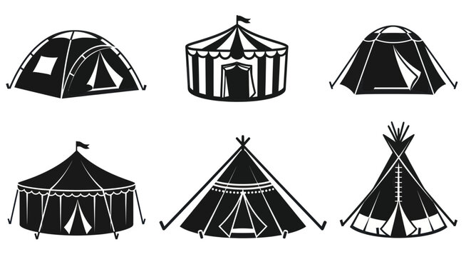Camping and circus tent icons in black silhouette style