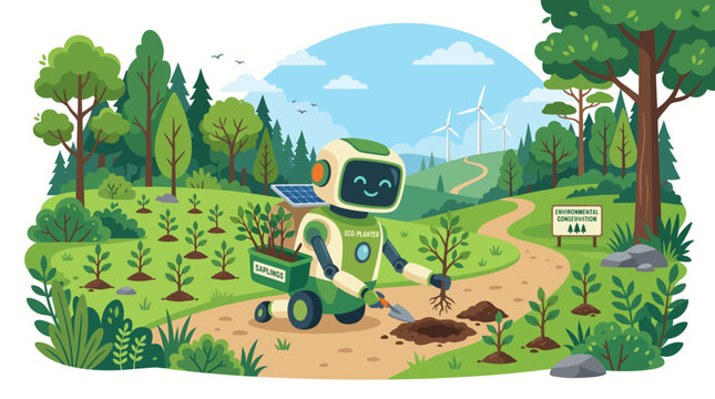 A friendly robot planting young trees in a lush green forest landscape for environmental conservation.