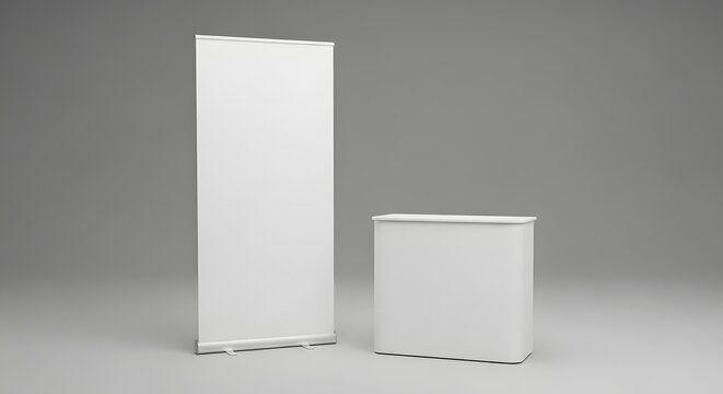 Blank white roll up banner and counter stand for advertising and promotions on a neutral background, ready for custom branding.